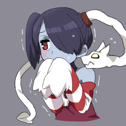 Rule 34 | 1girl, bad id, bad pixiv id, bare shoulders, blue skin, colored skin, detached collar, detached sleeves, hair over one eye, highres, leviathan (skullgirls), long hair, long sleeves, purple eyes, purple hair, red eyes, scared, shaking, side ponytail, skullgirls, sleeves past wrists, sorimachi-doufu, squigly (skullgirls), striped, striped sleeves, sweatdrop, trembling, zombie