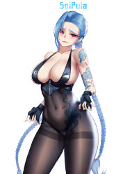 Rule 34 | 1girl, alternate breast size, alternate costume, bikini, black bikini, black gloves, black panties, blue hair, blue nails, blueorca, blush, bodystocking, braid, breasts, cleavage, collarbone, commentary, commission, cosplay, covered navel, cowboy shot, english commentary, fate/grand order, fate (series), fingerless gloves, gloves, highres, jinx (league of legends), large breasts, league of legends, long hair, looking at viewer, mole, mole under eye, nail polish, panties, panty pull, parted lips, pink eyes, pulling own clothes, sessyoin kiara, sessyoin kiara (swimsuit mooncancer), sesshouin kiara (swimsuit mooncancer) (cosplay), sessyoin kiara (swimsuit mooncancer) (second ascension), simple background, solo, standing, sweatdrop, swimsuit, tattoo, twin braids, underwear, very long hair, white background