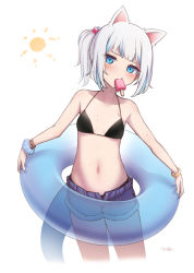 Rule 34 | 1girl, animal ears, bad id, bad twitter id, bikini, bikini under clothes, black bikini, blue eyes, blue hair, blush, bracelet, cat ears, cropped legs, female focus, fins, fish tail, food, gawr gura, halterneck, highres, hololive, hololive english, innertube, jewelry, leaning to the side, looking at viewer, mouth hold, multicolored hair, navel, open fly, popsicle, scrunchie, shark tail, short shorts, shorts, side ponytail, signature, solo, streaked hair, sweat, swim ring, swimsuit, tail, tfqr, virtual youtuber, white background, white hair, wrist scrunchie