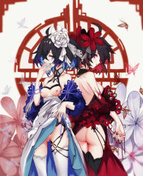 Rule 34 | 2girls, absurdres, ass, back-to-back, bad id, bad pixiv id, bare shoulders, black legwear, blue butterfly, blue eyes, blue hair, breasts, bug, butterfly, china dress, chinese clothes, cleavage, clothes lift, dress, dual persona, flower, hair flower, hair ornament, highres, honkai (series), honkai impact 3rd, insect, medium breasts, mie xing, multiple girls, nipples, no bra, no panties, red butterfly, red dress, red eyes, red flower, red hair, seele (alter ego), seele vollerei, seele vollerei (stygian nymph), skirt, skirt lift, sleeveless, sleeveless dress, thighhighs, white background, white dress, white flower, white legwear