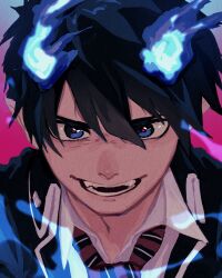 1boy ao_no_exorcist black_shirt blue_eyes blue_fire blue_hair collared_shirt commentary_request dark_blue_hair fangs fire hair_between_eyes highres male_focus necktie oke_no_mori okumura_rin shirt smile solo striped_necktie teeth upper_body white_shirt wing_collar