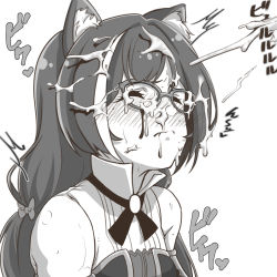 Rule 34 | 1girl, animal ear fluff, animal ears, bare shoulders, bespectacled, blush, bow, cat ears, closed mouth, cum, cum on eyewear, cum on hair, closed eyes, facial, full-face blush, glasses, greyscale, hair bow, highres, karyl (princess connect!), long hair, monochrome, out of frame, princess connect!, ramanda, simple background, solo, sweat, wavy mouth, white background