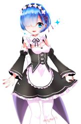 Rule 34 | 10s, black bow, blue eyes, blue hair, blush, bow, breasts, choker, commentary request, detached sleeves, flower, frilled skirt, frills, hair flower, hair ornament, hair over one eye, hair ribbon, head wreath, highres, looking at viewer, lying, maid, makalo ni hakase, on side, pantyhose, parted bangs, purple ribbon, re:zero kara hajimeru isekai seikatsu, rem (re:zero), ribbon, ribbon-trimmed legwear, ribbon-trimmed sleeves, ribbon trim, short hair, simple background, skirt, small breasts, smile, solo, standing, white background, white bow, white flower, white pantyhose