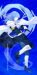 Rule 34 | 1other, absurdres, black jacket, black pants, black sleeves, blue background, blue hair, cape, closed mouth, copyright name, detached sleeves, floating hair, from side, full body, highres, holding, holding sword, holding weapon, jacket, long hair, long sleeves, looking at viewer, pants, profile, rimuru tempest, smile, straight hair, sword, tensei shitara slime datta ken, waist cape, wata miya (shiro momen), weapon, white cape, yellow eyes