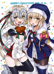 Rule 34 | 2girls, artoria pendragon (all), artoria pendragon (fate), bell, black legwear, blonde hair, blue hat, blush, bow, collarbone, fate/grand order, fate (series), gift, green bow, green ribbon, hat, headpiece, high heels, holding, holding gift, jeanne d&#039;arc (fate), jeanne d&#039;arc (ruler) (fate), jeanne d&#039;arc alter (fate), jeanne d&#039;arc alter santa lily (fate), komazuki (komaworks240), looking at viewer, multiple girls, open mouth, pantyhose, ribbon, saber alter, santa hat, sketch, smile, thighhighs