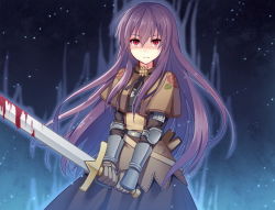 Rule 34 | 1girl, armor, armored dress, bad id, bad pixiv id, blood, bloody weapon, blue hair, capelet, character name, dress, eternal senia, gauntlets, gloves, hitsuki rei, long hair, purple hair, red eyes, senia, solo, sword, weapon