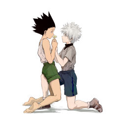 Rule 34 | 2boys, bare arms, bare shoulders, black hair, blue eyes, blue shorts, brown eyes, child, eye contact, flower, from side, full body, gon freecss, green shorts, highres, holding, holding flower, hunter x hunter, k.g (matsumoto zo), killua zoldyck, leg between thighs, looking at another, male focus, messy hair, multiple boys, short hair, shorts, skinny, spiked hair, tank top, white hair, white tank top