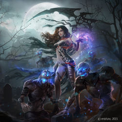 Rule 34 | 1girl, armor, bahamut crisis, bare shoulders, bare tree, black gloves, bracer, brown hair, earrings, eudia (serenity2200), full moon, gloves, glowing, glowing eyes, graveyard, holding, holding weapon, hood, jewelry, karma (bahamut crisis), long hair, looking at viewer, magic, midriff, moon, navel, night, o-ring, official art, open mouth, outdoors, scythe, skeleton, standing, tree, watermark, weapon