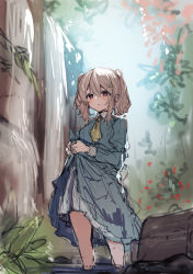 Rule 34 | 1girl, blue dress, brown eyes, brown hair, clothes lift, collared dress, day, dress, dress lift, hair between eyes, ikeuchi tanuma, juliet sleeves, long sleeves, looking at viewer, original, outdoors, parted lips, puffy sleeves, sketch, solo, standing, twintails, wading, water, waterfall, wet, wet clothes, wet dress