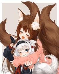 Rule 34 | 2017, 2girls, animal ear fluff, animal ears, bad id, bad twitter id, blade &amp; soul, blue eyes, blush, brown hair, cardigan, commission, fluffy, fox ears, fox girl, fox tail, gloves, headband, hug, hug from behind, large tail, long hair, lyn (blade &amp; soul), multiple girls, multiple tails, name connection, pink cardigan, plushmallow, plushmallow (lyn), ribbon, signature, silver hair, struggling, tail