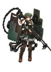 Rule 34 | 159cm, 1girl, anti-materiel rifle, arthropod girl, arthropod limbs, beret, blush, boots, brown eyes, brown footwear, brown hair, closed mouth, detached sleeves, finger on trigger, full body, goggles, goggles on headwear, green hat, green skirt, grey pantyhose, gun, hat, holding, holding gun, holding shield, holding weapon, huge weapon, long sleeves, looking at viewer, low twintails, monster girl, original, pantyhose, pincers, pleated skirt, rifle, scorpion girl, scorpion tail, shield, simple background, skirt, sniper rifle, solo, standing, tail, twintails, weapon, white background