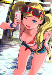 Rule 34 | 1girl, ;d, absurdres, belt, bikini, blonde hair, blue eyes, breasts, drink, earrings, eyewear on head, hand on own hip, highres, jewelry, leaning forward, long hair, looking at viewer, medium breasts, midriff, necklace, one eye closed, open mouth, persona, persona 5, persona 5 scramble: the phantom strikers, pink nails, shorts, smile, solo, sunglasses, swimsuit, takamaki anne, twintails, wristband, yuu (primenumber7)