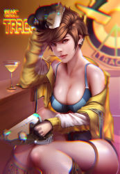 Rule 34 | 1girl, absurdres, alternate costume, artist name, bearwitch, bikini, bikini top only, blue bikini, blurry, breasts, brown eyes, casual, character name, chromatic aberration, cleavage, closed mouth, cocktail, collarbone, copyright name, counter, depth of field, dual wielding, earrings, eyelashes, finger on trigger, freckles, gun, handgun, highres, holding, holding gun, holding weapon, indoors, jacket, jewelry, large breasts, lipgloss, lips, long hair, long sleeves, looking at viewer, nose, overwatch, overwatch 1, pink lips, pistol, realistic, sitting, smile, solo, spiked hair, swimsuit, tracer (overwatch), weapon, yellow jacket