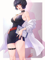 Rule 34 | 1girl, armpits, bare shoulders, belt, black choker, black dress, black hair, breasts, choker, cleavage, clipboard, dress, green eyes, highres, holding, holding clipboard, jewelry, lab coat, lipstick, looking at viewer, makeup, medium breasts, nail polish, necklace, persona, persona 5, qoo1234, red belt, red lips, red nails, shadow, short hair, sideboob, solo, studded choker, takemi tae, thigh belt, thigh strap, upper body, watermark