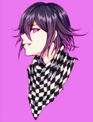 Rule 34 | 1boy, checkered background, checkered clothes, checkered neckwear, checkered scarf, commentary request, danganronpa (series), danganronpa v3: killing harmony, from side, grin, hair between eyes, long sleeves, looking at viewer, male focus, meipoi, oma kokichi, pink background, pink eyes, portrait, profile, purple eyes, purple hair, scarf, short hair, simple background, smile, solo