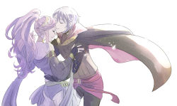 Rule 34 | 1boy, 1girl, arm around waist, bare shoulders, black gloves, black legwear, bridal gauntlets, cape, closed eyes, couple, detached sleeves, fingerless gloves, fire emblem, fire emblem awakening, from behind, gloves, hair between eyes, hairband, hand on own hip, henry (fire emblem), hetero, interlocked fingers, jewelry, long hair, long sleeves, lots of jewelry, miyuli, nintendo, olivia (fire emblem), parted lips, pink hair, ponytail, shawl, short hair, silver hair, simple background, smile, striped, wavy hair, white background