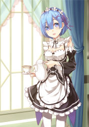 Rule 34 | 10s, 1girl, apron, blue eyes, blue hair, bow, breasts, cup, curtains, detached collar, detached sleeves, dress, drinking glass, frilled dress, frilled sleeves, frills, hair between eyes, hair ornament, highres, holding, holding cup, indoors, looking at viewer, maid, maid apron, maid headdress, matching hair/eyes, medium breasts, open mouth, pantyhose, re:zero kara hajimeru isekai seikatsu, rem (re:zero), ribbon-trimmed clothes, ribbon-trimmed sleeves, ribbon trim, short hair, smile, solo, standing, teapot, totika, underbust, white pantyhose, window, x hair ornament