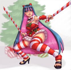 Rule 34 | 1girl, arm warmers, bad link, bell, belt, black hair, black nails, blue eyes, blush, bow, breasts, candy, candy cane, christmas tree, colored inner hair, drawfag, dual wielding, eyelashes, fighting stance, food, full body, gift, high heels, highres, holding, holding candy, holding candy cane, holding food, holly, lipstick, long hair, makeup, medium breasts, multicolored hair, panty &amp; stocking with garterbelt, pink hair, red bow, solo, standing, stocking (psg), thighhighs, very long hair