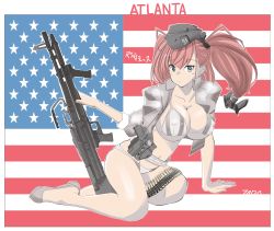 Rule 34 | 1girl, absurdres, american flag, ammunition belt, anchor hair ornament, artist name, atlanta (kancolle), breasts, character name, cleavage, closed mouth, garrison cap, glock, grey eyes, grey footwear, gun, hair ornament, handgun, hat, highres, holster, holstered, kantai collection, large breasts, light machine gun, looking at viewer, m60, machine gun, midriff, navel, on ground, red hair, solo, tada (tactical tada), two-sided fabric, weapon