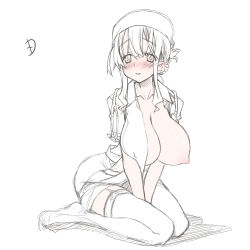 Rule 34 | 1girl, blush, breasts, large breasts, monochrome, nipples, sakuya tsuitachi, simple background, sitting, sketch, solo, thighhighs, v arms, wariza, white background