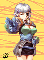 Rule 34 | 1girl, armor, banpresto, blue eyes, braid, breasts, cleavage, cleavage cutout, clothing cutout, cowboy shot, hand on own hip, hisahiko, large breasts, one eye closed, seolla schweizer, single braid, solo, super robot wars, wink, yellow background