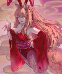 Rule 34 | 1girl, absurdres, alternate costume, animal ear fluff, animal ears, bare shoulders, breasts, cleavage, detached sleeves, fake animal ears, fang, fate/grand order, fate (series), feet out of frame, fishnet pantyhose, fishnets, fox ears, fox girl, fox tail, hair between eyes, hand on own hip, highres, huge filesize, large breasts, leotard, long hair, nail polish, obi, one eye closed, ootato, open mouth, orange hair, pantyhose, playboy bunny, rabbit ears, red nails, sash, smile, solo, strapless, strapless leotard, suzuka gozen (fate), tail, wide sleeves, yellow eyes