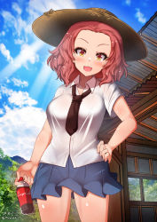 Rule 34 | 1girl, blue skirt, blush, bottle, breasts, cleavage, cola, collarbone, girls und panzer, hand on own hip, hat, highres, large breasts, looking at viewer, megadeko, miniskirt, open mouth, outdoors, pleated skirt, red hair, rosehip (girls und panzer), school uniform, shiny skin, shirt, short hair, skirt, sky, smile, solo, st. gloriana&#039;s school uniform, straw hat, white shirt, yellow eyes