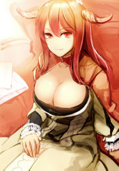 Rule 34 | 10s, 1girl, breasts, cleavage, cleavage cutout, clothing cutout, demon horns, dress, horns, large breasts, long hair, looking at viewer, maou (maoyuu), maoyuu maou yuusha, prime, red eyes, red hair, sitting, smile, solo