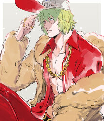 Rule 34 | 1boy, coat, fur coat, green hair, hat, jewelry, male focus, mocchi (mkz), one piece, prince grus, ring, solo, wavy hair