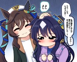 Rule 34 | 2girls, beret, black jacket, blue shirt, blush, brown hair, clenched hands, closed eyes, closed mouth, commentary, hat, headpat, highres, jacket, long hair, multicolored hair, multiple girls, open clothes, open jacket, pink jacket, purple hair, shirt, streaked hair, takiki, tears, translated, trembling, twintails, two-tone hair, umamusume, upper body, verxina (umamusume), very long hair, vivlos (umamusume), white hair, white headwear, white shirt