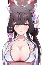Rule 34 | 1girl, absurdres, animal ears, bigmt kid, bikini, blue archive, blush, bow, breasts, brown hair, cleavage, commentary request, flower, fox ears, fox girl, hair bow, hair flower, hair ornament, halo, highres, large breasts, long hair, looking at viewer, multicolored hair, pink bow, pink flower, purple bow, purple flower, red hair, simple background, slit pupils, smile, solo, streaked hair, swimsuit, two-tone hair, upper body, very long hair, wakamo (blue archive), wakamo (swimsuit) (blue archive), white background, white flower, yellow eyes