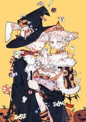Rule 34 | 1boy, 1girl, bandage on face, bandaged head, bandages, bell, black coat, black headwear, blonde hair, bow, breasts, candy, capelet, carrying, cleavage, coat, colored eyelashes, commentary, dress, earclip, english commentary, fire, food, fur-trimmed capelet, fur trim, halloween, hat, heterochromia, highres, long sleeves, mengtunshaojing, neck bell, open mouth, orange eyes, original, poi, pointy ears, princess carry, pumpkin, pumpkin hat, red ribbon, ribbon, shirt, short hair, short twintails, simple background, sleeveless, sleeveless dress, small breasts, socks, striped capelet, striped clothes, striped socks, twintails, vertical-striped capelet, white hair, white shirt, witch hat, yellow bow, yellow eyes
