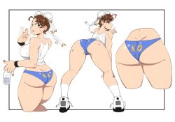 Rule 34 | 1girl, puff of air, ?, afterimage, ahoge, arm on knee, ass, ass focus, bare shoulders, bent over, black border, black footwear, black nails, black wristband, blue shorts, border, bottle, breasts, breath, brown eyes, brown hair, bun cover, butt crack, capcom, chun-li, clothes writing, cropped legs, dimples of venus, double bun, earrings, eyelashes, fanning face, fanning self, from behind, full body, hair bun, hand up, holding, holding bottle, jewelry, k.o., kneepits, large breasts, legs, legs apart, lips, looking back, micro shorts, mossy, multiple views, nail polish, parted lips, shoelaces, shoes, short hair, shorts, shoulder blades, simple background, sneakers, socks, street fighter, street fighter ii (series), sweat, tank top, thick eyebrows, thick thighs, thighs, water bottle, white background, white footwear, white legwear, white tank top, wristband