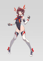 Rule 34 | 1girl, absurdres, ahoge, aqua eyes, boots, breasts, brown hair, corruption, covered navel, elbow gloves, fang, fingerless gloves, full body, gloves, grey background, highres, leotard, looking at viewer, magical girl, medium breasts, original, pigeon-toed, shen hai ichigo, short hair, skin fang, skin tight, solo, standing, thigh boots, variant set