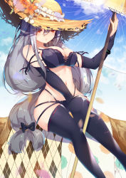 Rule 34 | 1girl, absurdres, ariakk, arknights, bare shoulders, bikini, black bikini, black bow, black thighhighs, blue sky, bow, breasts, chinese commentary, cleavage, cloud, commentary request, day, detached sleeves, feet out of frame, flower, hair between eyes, hair bow, hat, hat flower, highres, large breasts, long hair, low-tied long hair, navel, orange flower, red eyes, silver hair, sitting, skadi (arknights), sky, solo, stomach, sun hat, swimsuit, thighhighs, thighs, very long hair