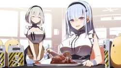 Rule 34 | 2girls, anchor choker, azur lane, bad food, ballistic shield, bird, black dress, blunt bangs, breasts, center frills, chick, cleavage, closed eyes, clothing cutout, commentary, cup, curry, dido (azur lane), dress, earrings, food, foreshortening, frills, gotyou, hair between eyes, hairband, highres, holding, holding spoon, holding tray, indoors, jewelry, large breasts, light smile, long hair, manjuu (azur lane), multiple girls, nervous smile, pink eyes, puffy short sleeves, puffy sleeves, riot shield, shield, short sleeves, sirius (azur lane), sitting, sketch, skull and crossbones, sleeveless, smile, spoon, standing, stud earrings, sweat, tearing up, tray, trembling, underboob, underboob cutout, upper body, water, white dress