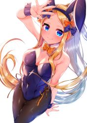 Rule 34 | 1girl, abigail williams (fate), akirannu, animal ears, black bow, black leotard, blonde hair, blue eyes, bow, bowtie, breasts, closed mouth, covered navel, detached collar, fake animal ears, fate/grand order, fate (series), forehead, hair bow, highleg, highleg leotard, highres, leotard, light particles, long hair, multiple bows, orange bow, pantyhose, parted bangs, playboy bunny, ponytail, rabbit ears, simple background, small breasts, smile, solo, strapless, strapless leotard, thighs, white background, wrist cuffs