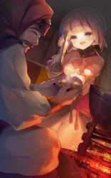 Rule 34 | 1boy, 1girl, age difference, aquaplus, arm up, artist request, blush, bowl, braid, breasts, cleavage, closed eyes, cooking, dress, entua (utawarerumono), facial hair, family, father and daughter, fingernails, fire, food, highres, holding, holding bowl, holding spoon, kneeling, medium breasts, mustache, nose, official art, old, old man, open mouth, purple eyes, purple hair, raised eyebrows, sidelocks, soup, spoon, utawarerumono, utawarerumono: itsuwari no kamen, utawarerumono: lost flag, wrinkled skin