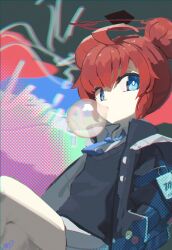 Rule 34 | 1girl, absurdres, ahoge, blue archive, blue eyes, blue necktie, blue sweater vest, blurry, blowing bubbles, chewing gum, dan nako, depth of field, double bun, hair bun, halo, highres, id card, jacket, looking at viewer, maki (blue archive), necktie, pleated skirt, red hair, shirt, short hair, sidelocks, signature, skirt, smiley face, solo, sweater vest, white shirt