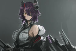 Rule 34 | 1girl, bare shoulders, black gloves, black necktie, breast pocket, breasts, eyepatch, gloves, grey background, hair between eyes, headgear, highres, jacket, kantai collection, large breasts, medium breasts, moor, necktie, off shoulder, pocket, purple hair, rigging, shirt, simple background, sleeveless, sleeveless shirt, solo, tenryuu (kancolle), tenryuu kai ni (kancolle), upper body, yellow eyes