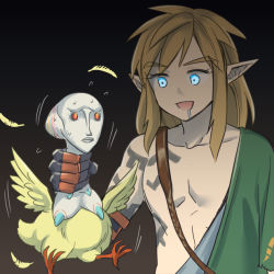 Rule 34 | 1boy, abs, animal, archaic set (zelda), arm tattoo, bird, black background, black gloves, blonde hair, blue eyes, closed mouth, collarbone, drooling, extra breasts, flying sweatdrops, full body, gloves, glowing, glowing eyes, gradient background, green shirt, hair down, happy, holding, holding animal, hungry, link, looking at another, male focus, medium hair, monbetsu kuniharu, motion lines, nintendo, nipples, oocca, open mouth, orange eyes, pointy ears, saliva, shirt, sidelocks, simple background, smile, tattoo, the legend of zelda, the legend of zelda: twilight princess, throat grab, toned, upper body