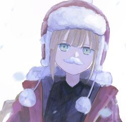 Rule 34 | 1boy, artist name, black shirt, blonde hair, captain nemo (fate), commentary request, expressionless, fake facial hair, fake mustache, fate/grand order, fate (series), fur-trimmed headwear, fur-trimmed jacket, fur hat, fur trim, green eyes, hat, head tilt, highres, jacket, looking at viewer, male focus, nemo (fate), nemo (santa) (fate), open clothes, open jacket, pom pom (clothes), red hat, red jacket, shirt, shitodo mi, sidelocks, snowing, solo, upper body, ushanka, white background