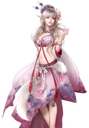 Rule 34 | 1girl, bracelet, detached sleeves, elf, hair ornament, halterneck, jewelry, lip piercing, lips, long hair, meng li, midriff, navel, piercing, pointy ears, qq xi you, red eyes, silver hair, simple background, solo, standing, white background, zhang xiaobai