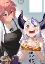 Rule 34 | 2girls, absurdres, apron, bird, black apron, blue eyes, blush, closed mouth, commentary request, crow, crow (la+ darknesss), demon horns, fried egg, fried egg on toast, ganmo (takane lui), hair between eyes, head wings, highres, hololive, horns, la+ darknesss, long hair, looking at another, multicolored hair, multiple girls, nanaushi, open mouth, owl, pink hair, purple hair, saliva, shirt, short sleeves, smile, takane lui, toast, tsukune (takane lui), tsumire (takane lui), virtual youtuber, white hair, white shirt, wings, yellow eyes