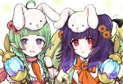 Rule 34 | 2girls, ahoge, animal ears, blunt bangs, braid, dragon wings, fake animal ears, fire emblem, fire emblem: the sacred stones, fire emblem awakening, fire emblem heroes, flower, green hair, hair flower, hair ornament, highres, looking at viewer, misato hao, multiple girls, myrrh (fire emblem), nah (fire emblem), nintendo, official alternate costume, open mouth, pointy ears, purple eyes, purple hair, rabbit ears, red eyes, sunflower, twin braids, twintails, wings