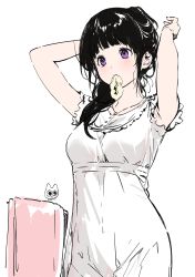 Rule 34 | 1girl, arms up, artist logo, bare arms, black hair, breasts, chitanda eru, collarbone, cowboy shot, dress, hair tie in mouth, highres, holding, holding own hair, hyouka, jewelry, long hair, medium breasts, mery (yangmalgage), mouth hold, necklace, purple eyes, scrunchie, simple background, solo, towel, white background, white dress