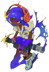 Rule 34 | .96 gal (splatoon), 1boy, black shorts, dark-skinned male, dark skin, full body, headphones, highres, holding, holding weapon, ink on face, male focus, medium hair, nintendo, octoling, octoling boy, octoling player character, open mouth, purple hair, red eyes, red headphones, salcham, shirt, shorts, solo, splatoon (series), splatoon 3, suction cups, tentacle hair, thick eyebrows, weapon, white background, white shirt