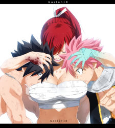 Rule 34 | 1girl, 2boys, breasts, cleavage, erza scarlet, fairy tail, gaston18, gray fullbuster, highres, large breasts, long hair, multiple boys, natsu dragneel, ponytail, simple background, tears, upper body, white background