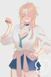 Rule 34 | 1girl, black choker, blonde hair, breasts, choker, chromatic aberration, cleavage, cowboy shot, degrees of lewdity, kuma 8311, large breasts, long hair, school uniform, simple background, skirt, smile, solo, white background, white skirt, whitney (degrees of lewdity)