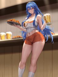 1girl :d absurdres alcohol alternate_breast_size beer beer_mug blue_eyes blue_hair breasts chihunhentai cleavage commentary cup employee_uniform english_commentary fire_emblem fire_emblem_awakening food hairband highres holding holding_cup holding_plate hooters large_breasts large_variant_set long_hair looking_at_viewer lucina_(fire_emblem) mug navel nintendo open_mouth orange_shorts plate second-party_source short_shorts shorts smile socks solo standing sweat symbol-shaped_pupils tank_top thighs variant_set waitress white_socks yellow_hairband